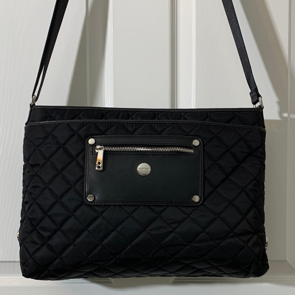Knomo Silvi Quilted laptop messenger Bag. Deep purple lining